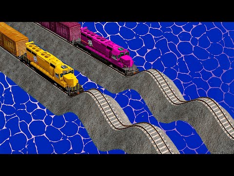 Double Colorful Trains Vs Wavy Impossible Weird Rails Tracks Crossing Deepwater | BeamNG.drive