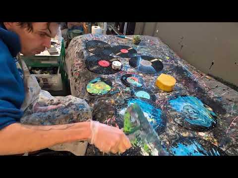 11 records to paint #wheelchairartist #acrylicpainting #abstractexpressionism