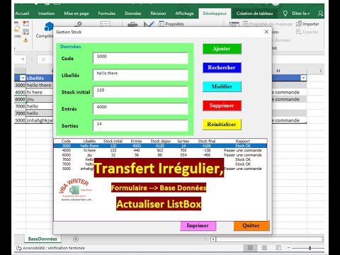 VBA Transfert Irrégulier/ ListBox actualisation/ Ajoute Modif. suppr/ Sans codage_19. VbaWriter.ch