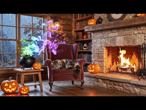 Halloween Cozy Cabin Ambience: 10 Hours of Relaxing Fireplace, Rain & Bubbling Cauldron 🌧🔥