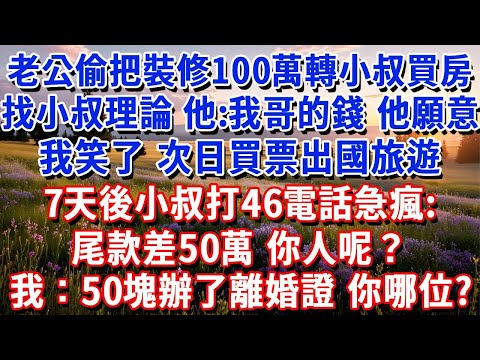 老公偷偷把裝修100萬轉給小叔子買房,我找小叔理論,他:我哥的錢,他願意。我笑了,次日買票出國旅遊,7天後小叔打我46電話急瘋:尾款差50萬,你人呢?我:50塊辦了離婚證 你哪位#小魚故事會#為人處世