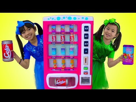 Emma & Jannie Pretend Play w/ Pink Vending Machine Soda Kids Toys