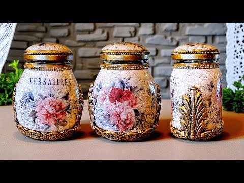 Turn OLD Glass Jars into AMAZING Decoupage Masterpieces!! #decoupage #glassjars #glassjar
