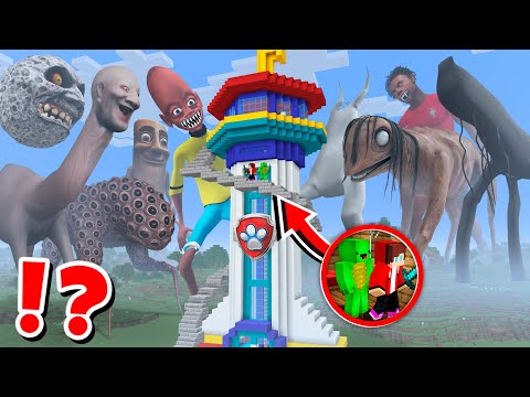 JJ and Mikey BIGGEST Paw Patrol Tower vs All Scary Mobs! TENGE TENGE Attacked in Minecraft - Maizen