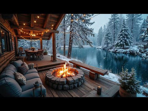 Soothing Winter Piano Music & Snowfall ❄️🔥 Cozy Crackling Fireplace in a Lakeside Cabin