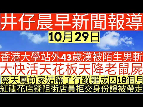 晨早新聞|香港大學站外43歲漢被陌生男斬|大快活天花板天降老鼠屍|蔡天鳳前家姑李瑞香瞞子行蹤罪成囚18個月|紅磡花店疑阻街店員拒交身份證被帶走|井仔新聞報寸|10月29日