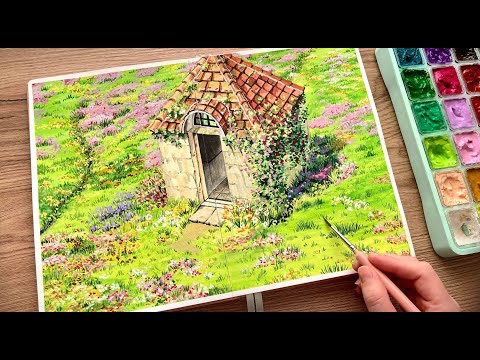 Studio Ghibli Scene Gouache Painting/ Mellow Days 'Magnolia' Sketchbook Review / Paint With Me 🌿