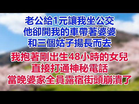老公給1元讓我坐公交，他卻開我的車帶著婆婆，和三個姑子揚長而去，我抱著剛出生48小時的女兒，直接打通神秘電話，當晚婆家全員露宿街頭崩潰了#為人處世#生活經驗#情感故事#故事#小說