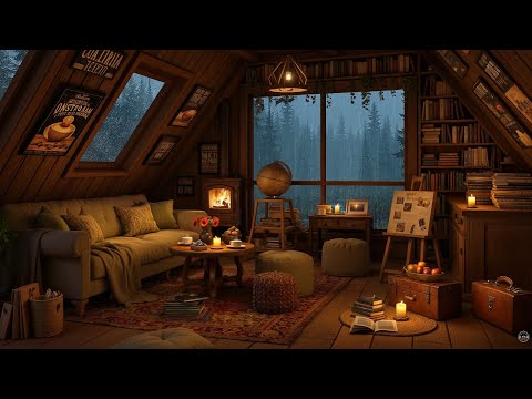 Cozy Attic on Rainy Night 🌧️ Soothing Jazz, Rain on Window &amp; Crackling Fireplace for Deep Sleep
