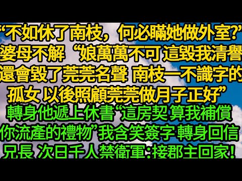 “不如休了南枝，何必瞞她做外室?”婆母不解“娘萬萬不可，這毀我清譽，還會毀了莞莞名聲。南枝一孤女無權無勢 以後照顧莞莞做月子正好”轉身他遞上休書“這房契 算我補償你流產的禮物”