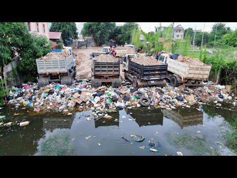 Amazing-Quickly Working New Project! FILL UP On The Flooded & Delete POND by 5-T Dump Truck Loading