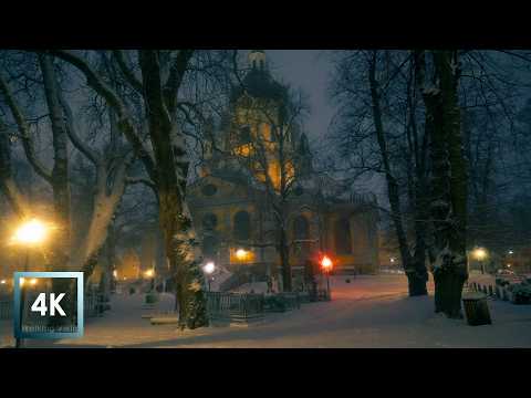 Heavy Snowfall Walk in Old Stockholm at Night 4K HDR