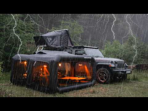 Heavy Rain Car Camping with Spaceship-like tents 🛸  | Jeep Gladiator | Relax | ASMR | Cozy