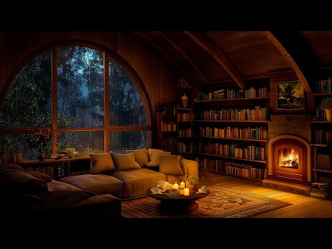 Rainy Night in Cozy Reading Nook ~ Soft Jazz Music 🌧️ Heavy Rain, Fireplace Sounds for Sleeping