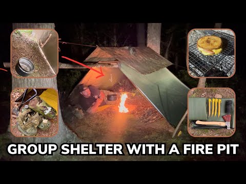 Solo Overnight Building a Group Shelter with a Fire Pit and Grilled SPAM and Cheese
