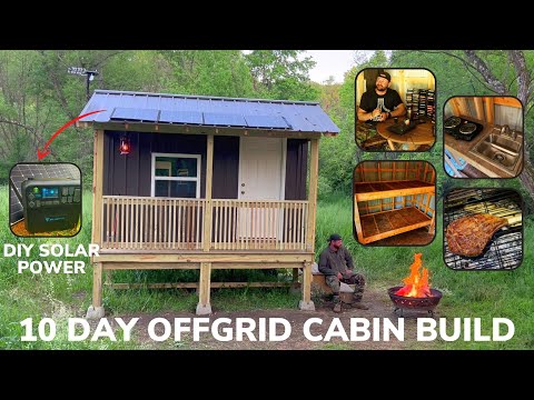Solo 10 Day Overnight Building an Off-Grid Cabin with Solar Power in The Woods and Tomahawk Ribeye