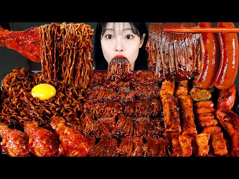 ASMR MUKBANG| Fire Black bean Mushrooms, Sausage, Rice cake. Black bean noodles. Seasoned Chicken.