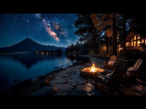 Silent Starry Night Ambience | Lakeside Cabin with Crackling Campfire and Gentle Lake for Sleeping