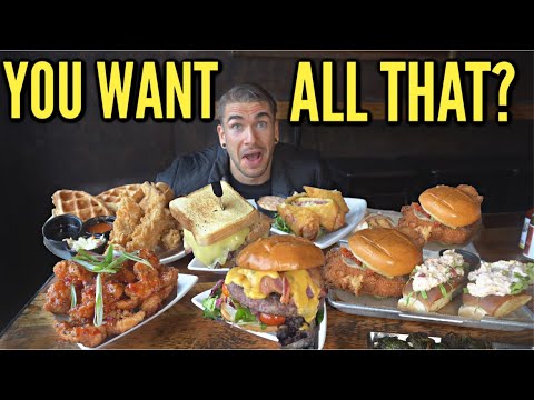 GIANT AMERICAN PUB FOOD MENU CHALLENGE | Burgers, Fried Chicken, Lobster Rolls, Chicken & Waffles