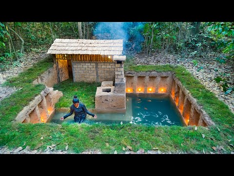 Girl Living Off Grid Build Underground House Around Swimming Pool alone