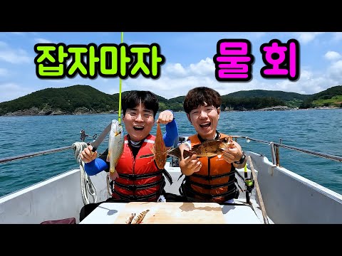 바다 위에서 잡히는 족족 물회!!!