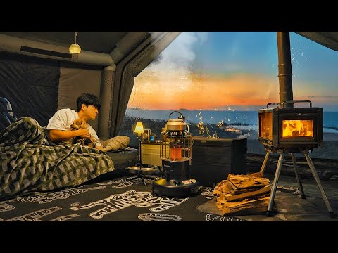 Camping in Quiet Sea with My Dog . Inflatable Hot Tent . Relaxing Waves ASMR