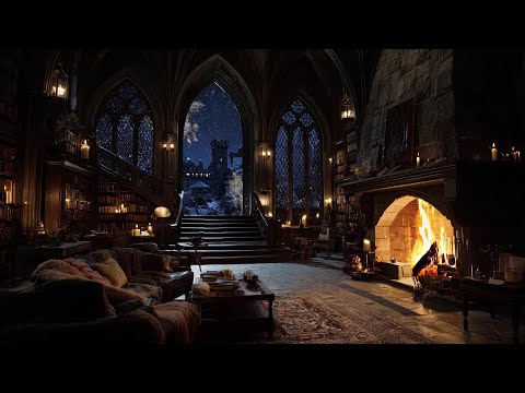 Winter Night Castle Snowfall - Cozy Castle Living Room with Fireplace and Soft Wind for Deep Sleep
