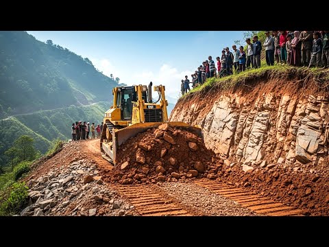 Extreme Project Bulldozer Cutting & Building Steep Mountain Road in Rough Forest and Rocky Hillside