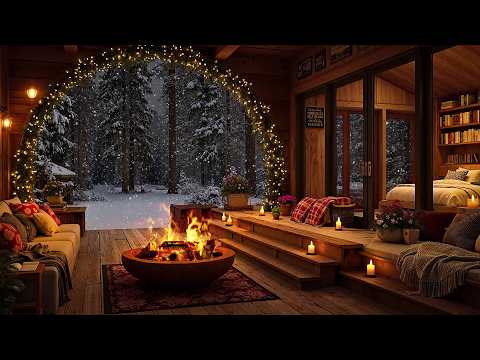 Smooth Jazz Music by the Firepit 🔥 Cozy Porch Ambience & Snowfall for Deep Relaxation