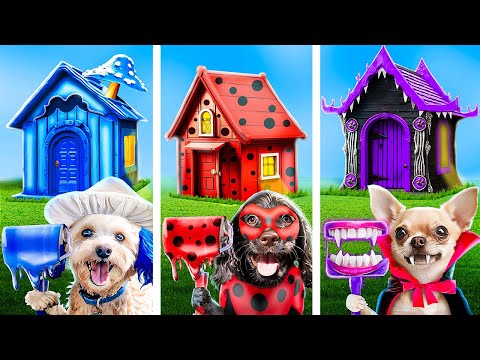 Einfarbige Hundehütte Challenge / Vampir vs Ladybug vs Schlumpfkatze!