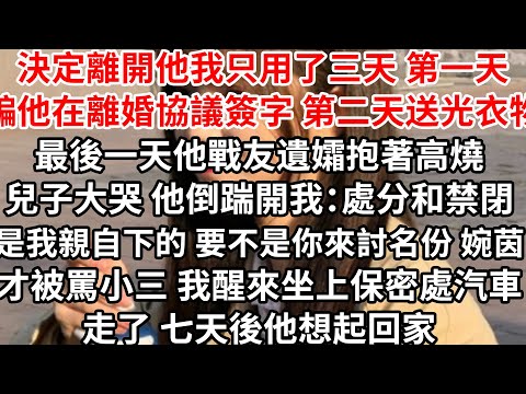 決定離開他我只用了三天，第一天騙他在離婚協議簽字，第二天送光衣物，最後一天他戰友遺孀抱著高燒兒子大哭他倒踹開我：罰禁閉是我親自下的要不是你來討名份 婉茵才被罵小三，我醒來坐上保密處汽車七天後他想起回家