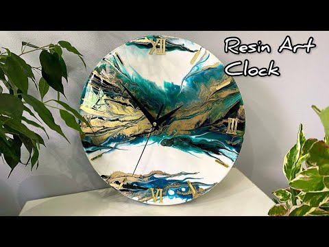 Resin Art Clock. White and turquoise with gold. DIY.