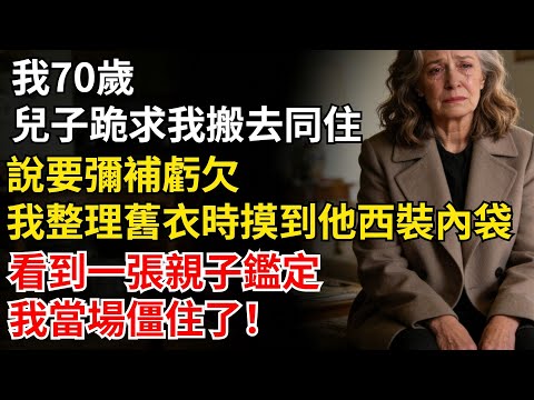 我70歲兒子跪求我搬去同住，説要彌補虧欠，我整理舊衣時摸到他西裝內袋，一張親子鑑定讓我當場僵住了！#家庭故事#老年生活#婚姻#情感故事#晚年