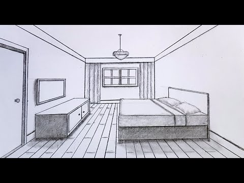 How to draw a bedroom in 1 point perspective step by step for beginners