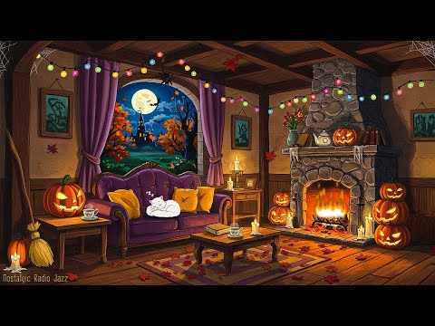 a warm autumn night 1920s and you're listening to vintage music on a cottage room🎃