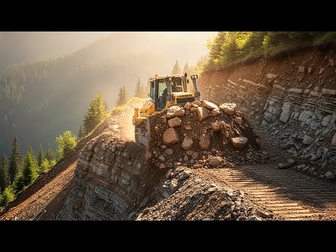 Extreme Bulldozer Action Creating Steep Mountain Road Through Red Soil and Rocky Slopes