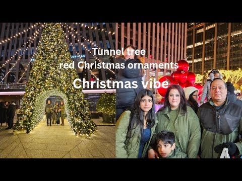 Christmas vibes,Decorated Manhattan,Tunnel Christmas tree,Giant red Christmas ornaments,Overcrowded 