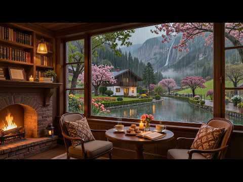 Peaceful Evening at the Rainy Café ☕ Smooth Jazz Piano & Fireplace Sounds for Relax & Work