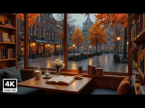 Cozy Coffee Shop Atmosphere on a Rainy Autumn Day 🍂 Playlist of Gentle Jazz Music For Study, Relax