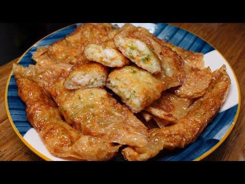 炸腐竹皮虾卷🦐酥脆鲜香，用料丰富，超满足超好吃😋Fried bean curd shrimp rolls🦐 crispy and fragrant, rich in ingredients