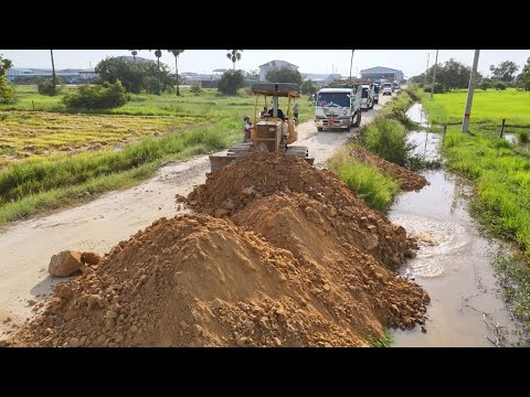 Best Land Filling Operation in Action Skilled Bulldozer & Dump Truck Handling Stone Soil Efficiently