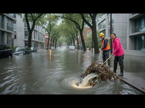 Clogged Storm Drain Clash Draining Street Floods