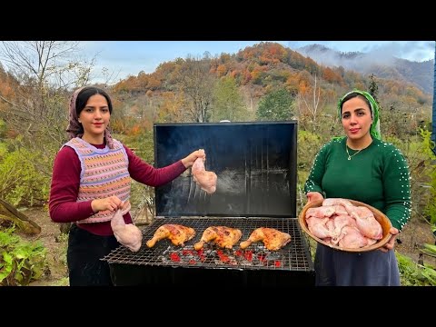 Making a barrel barbecue and grilling chicken thighs in it