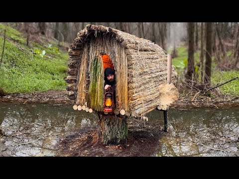 Building a Warm and Cozy Survival Shelter on a Tree Stump. Bushcraft, Survival