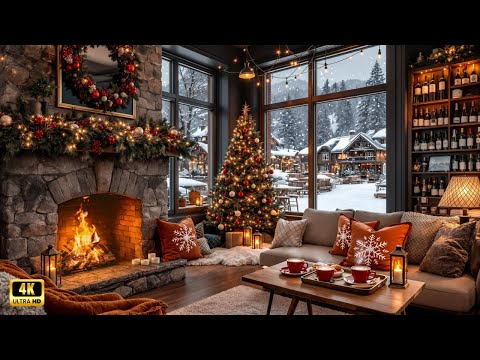Cozy Winter Coffee Shop Ambience ☕🧣 Smooth Christmas Jazz Music & Crackling Fireplace for Relax