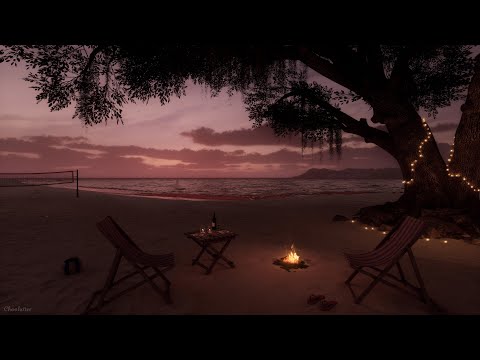Sunset Beach Ambience | Wave, Crackling Fire, Crickets Sounds For Sleeping