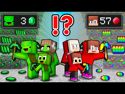 JJ and Mikey : EMERALD vs RAINBOW Family Mine Race Battle in Minecraft ! - Maizen