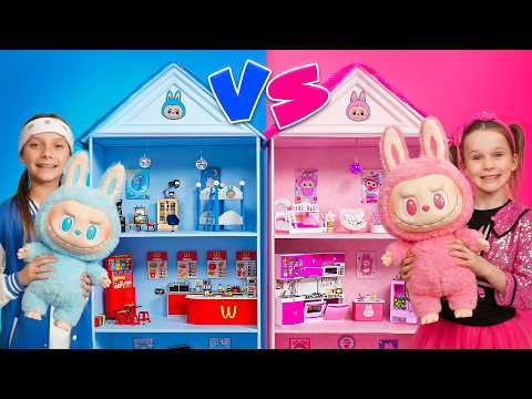 Pink vs Blue DIY Dollhouse Challenge for Labubu Toys with Eva and Stephi