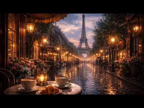 Paris Café Ambience ☕ Rainy Night with Soft Jazz & Eiffel Tower 4K