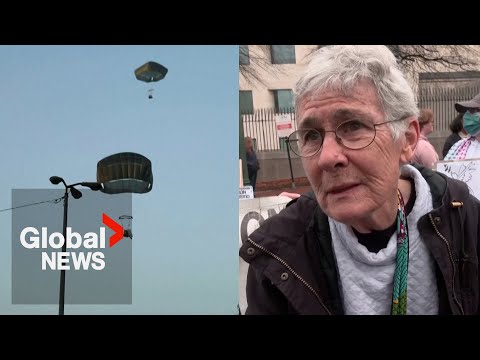 US Gaza food aid airdrop dismissed by protesters: “Dropping some food, dropping the bombs”